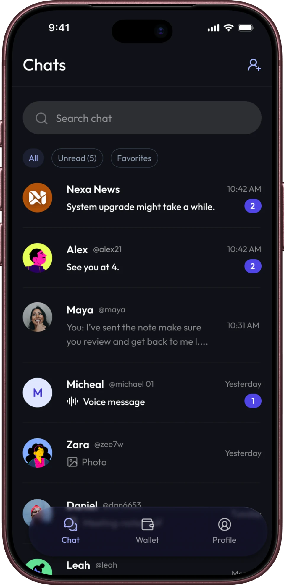 The Nexa app showing a list of private chats with Nexa News, Alex, Maya and more.